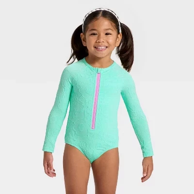 Цельный жаккардовый купальник Rash Guard с цветочным принтом и длинными рукавами для маленьких девочек - ™ Bright Aqua