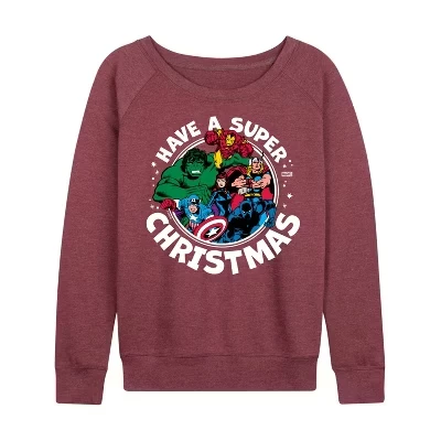Женская футболка Super Christmas Avengers из легкого французского махрового полотна с широким вырезом и длинными рукавами и графическим рисунком цвета Хизер бордовый