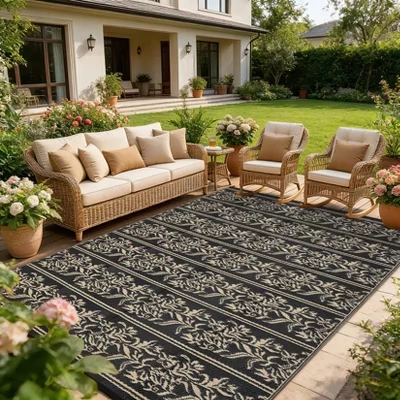 Уличные коврики, Водонепроницаемый реверсивный коврик Boho Leaf Patio Rug с 4 кольями и сумкой для хранения вещей, Большие уличные коврики для кемпинга, пикника, балкона черного цвета