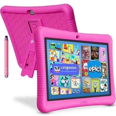 10-дюймовый детский планшет с технологией Epic! & Lingokids – Развивающий Android-планшет для детей от 3 до 12 лет, 32 ГБ, Родительский контроль, Защитный чехол розового цвета.