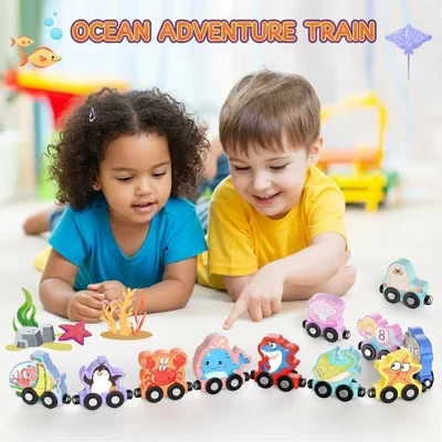 Wooden Magnetic Animal Train for Toddlers – Learning Toy with 11 Animal Cars train sea animals
