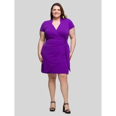 Plus Size Mandarin Collar Knee Length Wrap Dress - ™ purple
