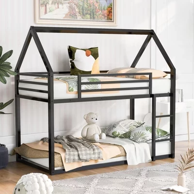 Двухъярусная кровать Bellemave Metal House, Двухъярусная кровать Twin Over Twin/Двухъярусная кровать Twin Over Full, с горкой и лестницей, поручнями, Каркас в стиле игрового домика для детей, черный для мальчиков и девочек