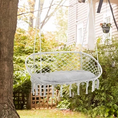Boho 2-Seat Patio Swing Braided Rope Hanging Hammock Chair with Soft Cushion Porch Swings with Tassel for Patio, Indoor, Garden, Backyard gray