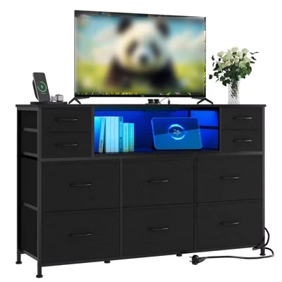 10 Drawers Dresser for Bedroom, Chest of Drawers with Fabric Bins, TV Stand with Power Outlet, Clothes Storage Organizer for Living Room, Brown black