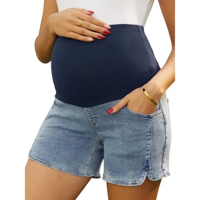 Women's Maternity Denim Over Belly Adjustable High Waist Summer Casual with Pockets Jeans Pregnancy Shorts blue