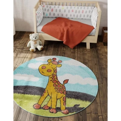 Причудливый детский ботанический тканый коврик Giraffe Botanical для помещений синего цвета