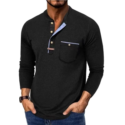 Мужские спортивные рубашки Henley, повседневная легкая рубашка-пуловер на пуговицах с длинным рукавом и карманом черного цвета