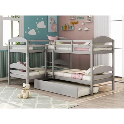 Двухъярусная кровать Twin over Twin L-образной формы с выдвижным ящиком, рассчитана на 5 спальных мест, Пружинный блок не требуется, Белый/Серый/Эспрессо - серый