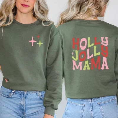 Женская толстовка с рисунком Holly Jolly Mama в стиле милитари, разноцветная спереди и сзади