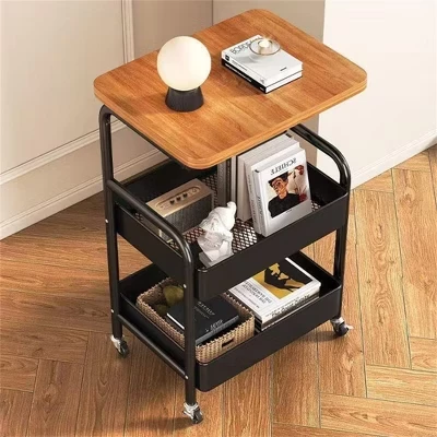 3 Tier Rolling Cart w/Table top, Metal Rolling Utility Cart on Wheels, Sturdy Storage Organizer Cart w/Hooks for Office, Classroom, Kitchen black