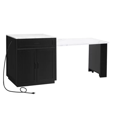 Extendable Dining Table Black Faux Marble Top 82.7 in. Kitchen Island with Double-Sized Storage, Power Outlet black