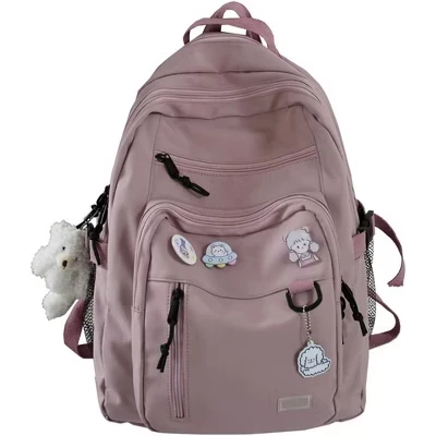 Cute Aesthetic Backpack for Teens – Pink School & Travel Book Bag with Bear Pin for Girls pink