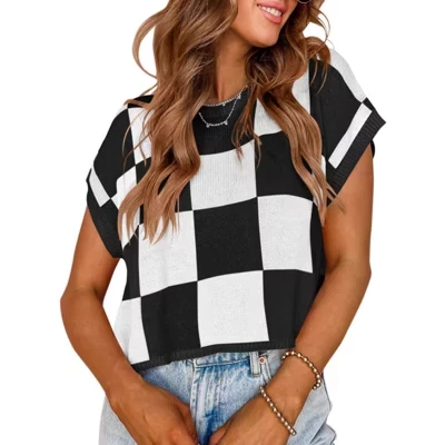 Womens Cap Sleeve Crop Tops Summer Color Block Going Out Crew Neck Knit Trendy Casual Sweater black