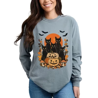 Black Cats Pumpkin Vintage - Женская одежда, окрашенная в серый цвет с длинным рукавом