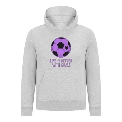 Спортивная коллекция Life-Is-Better-With-Goals Пуловер с капюшоном для девочек–футболистов - Толстовка с рисунком фиолетового сердца и мяча