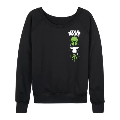 Женская - - Легкая французская махровая рубашка Mandalorian Mando Icons с широким вырезом и длинным рукавом, черная с графическим рисунком