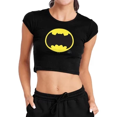 Women's  Frank Miller Wide Bat Logo Cap Sleeve Baby Rib Crop Top black