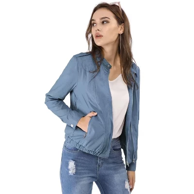 Women's Stand Collar Zip Up Biker Lightweight Moto Jacket blue