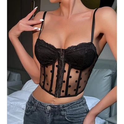 Женские кружевные топы-бюстье-корсет Sexy Going Out Party Club Top с пряжкой черного цвета
