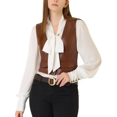 Women's Sleeveless Versatile PU Faux Leather Suit Vest brown
