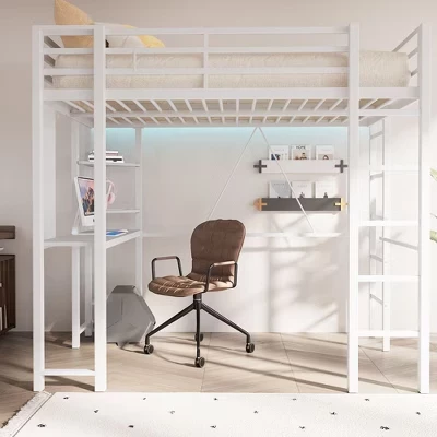 Loft Bed with Desk and Storage Shelves, Frame with 2 Side Ladders for Kids, Teens Adults,Space-Saving and Anti-tilt Design,Black white