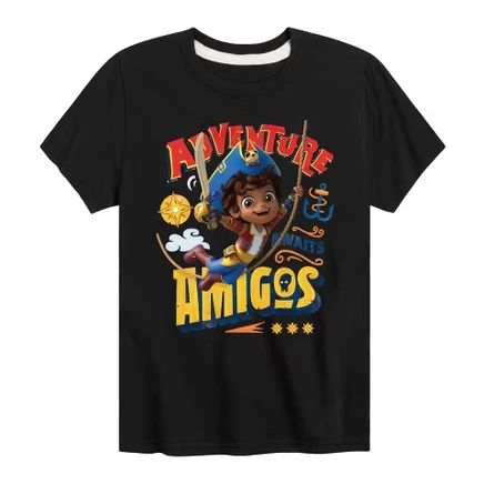 Приключения ждут Amigos, футболка с коротким рукавом и рисунком, черная
