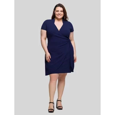 Plus Size Mandarin Collar Knee Length Wrap Dress - ™ blue