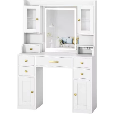 White vanity desk with LED mirror, large white and gold makeup dressing table with 6 drawers, cabinet and shelves for bedroom dressing area. white
