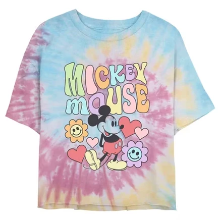 Укороченная футболка с логотипом Mickey & Friends Groovy с сердечками и смайликами для юниорок, голубая/розовая/светло-желтая