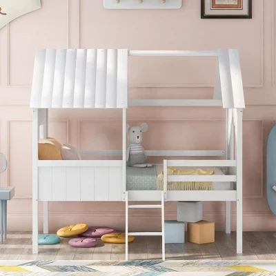 Двуспальная кровать-чердак в форме домика из массива дерева с лестницей и двумя боковыми окнами, Современный каркас кровати для детской комнаты, Спальня белого цвета