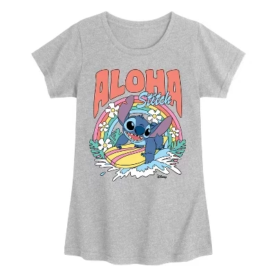 Aloha Stitch Rainbow Surf- Молодежная футболка с коротким рукавом для девочек, приталенная футболка с коротким рукавом и рисунком серого цвета