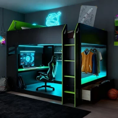 Кровать-чердак с регулируемым по высоте письменным столом, RGB-подсветкой и местом для хранения вещей, Полноразмерная компактная кровать для подростков и взрослых зеленого цвета.