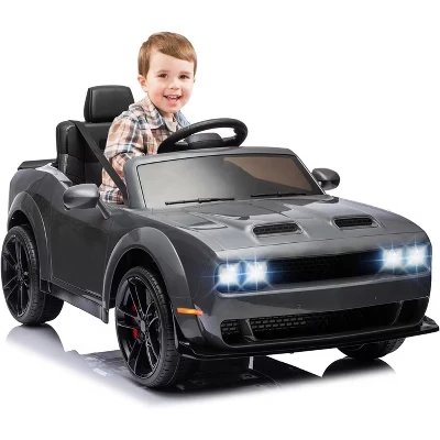 Детский электромобиль Dodge Challenger с лицензией на 12 В, Электромобили на батарейках с дистанционным управлением, светодиодные фонари, для мальчиков и девочек серого цвета