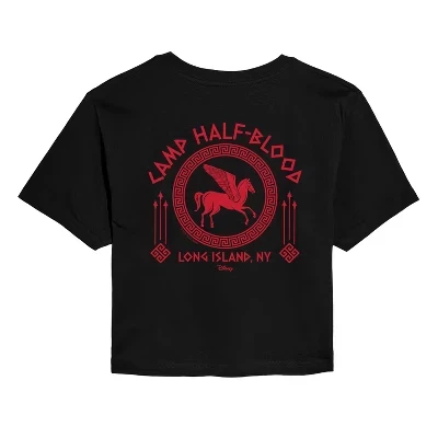 Женская укороченная футболка с рисунком Camp Half Blood черного цвета