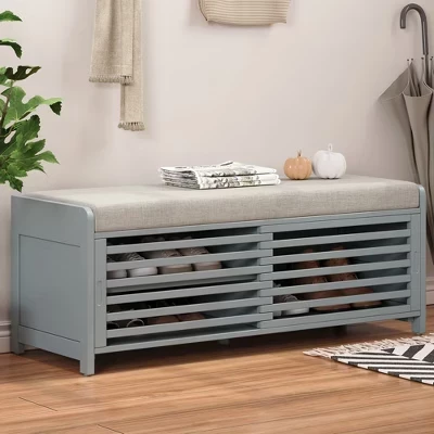 Shutter Storage Ottoman with Cushion, Entryway Shoe Bench for Living Room and Hallway Organization gray