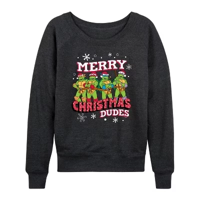 Женская футболка Merry Christmas Dude легкая французская махровая рубашка с широким вырезом и длинным рукавом с графическим рисунком heather charcoal