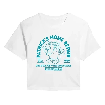 Женская укороченная футболка Patricks Home Repair с графическим рисунком белого цвета.