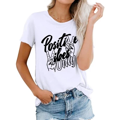 Женская футболка с буквенным принтом Positive Vibes Only, круглый вырез, короткий рукав, контрастный цвет, белый топ