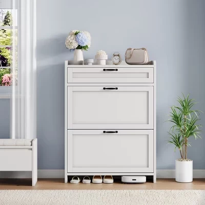 Обувной шкаф для прихожей – [Количество] выдвижных ящиков и верхний ящик, Скрытое хранилище из дерева, Отдельно стоящий узкий органайзер для прихожей, Гостиной, белый