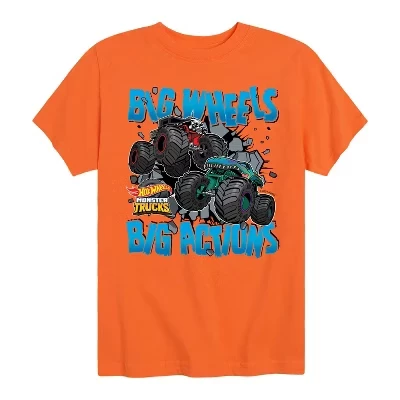 Футболка с рисунком Monster Trucks Big Wheels Big Actions с коротким рукавом оранжевого цвета