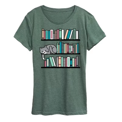 Женская футболка с изображением книжной полки с котом и коротким рукавом heather juniper