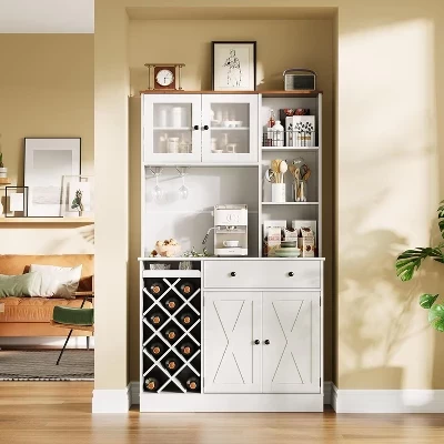 Kitchen Hutch Cabinet with Storage, White & Light Walnut Top, Acrylic Double Doors, Pantry Organizer for Dining Room & Kitchen Storage white