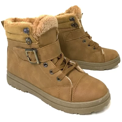 Женские кроссовки-ботильоны Winter Camel с высоким берцем и полосками пряжки, теплая обувь на меху со шнуровкой camel