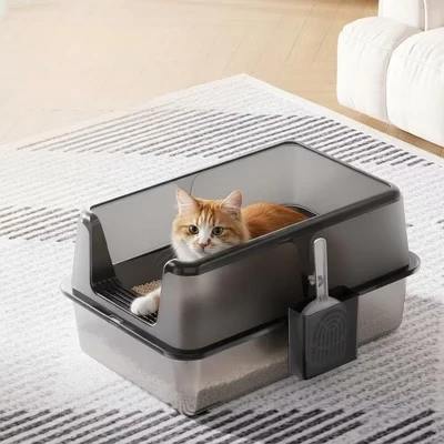 Ящик для кошачьего туалета из нержавеющей стали размером 23,6x15,7x12,4 дюйма, высота стенок 5,9 дюйма, Очень большой, Не пропускает воду, Антипригарный, легко моется, В комплекте совок для мусора черного цвета