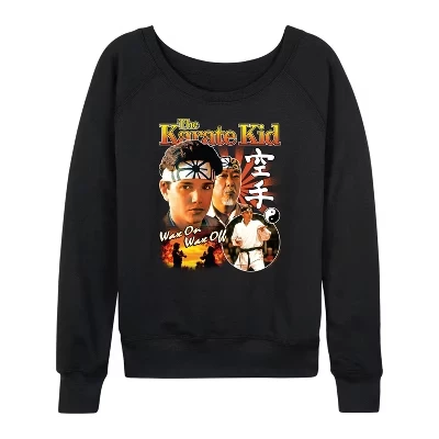 Женская рубашка с рисунком от Daniel Larusso и Mr. Miyagi из легкой махровой ткани с широким вырезом и длинными рукавами черного цвета.