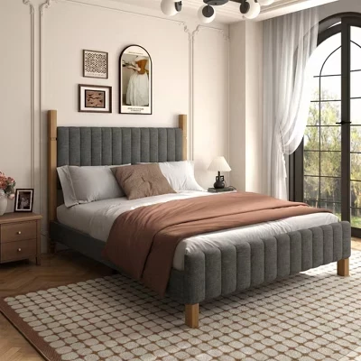 Каркас кровати Brafabhome с мягким изголовьем, Деревянный каркас кровати со стойками из цельного дерева, Пружинный блок не требуется, Бежевое постельное белье бежевого цвета