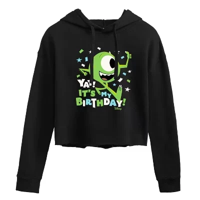 Женская укороченная толстовка с капюшоном и рисунком Mike Yay It's My Birthday черного цвета.