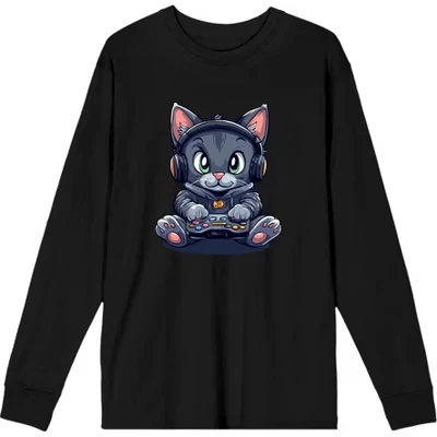 Футболка с круглым вырезом и длинным рукавом Focused Gamer Cat для взрослых, черная