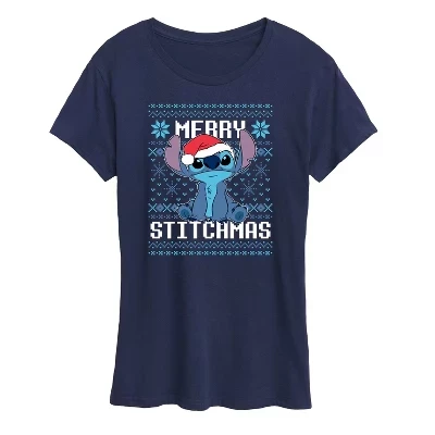 Женская футболка с коротким рукавом и рисунком Merry Stitchmas Christmas, синяя